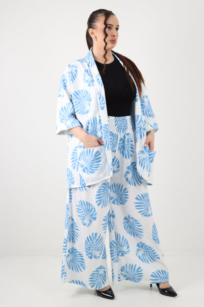 Italian Monstera Leaf  Print Cardigan Top and Trouser Co-Ord Set