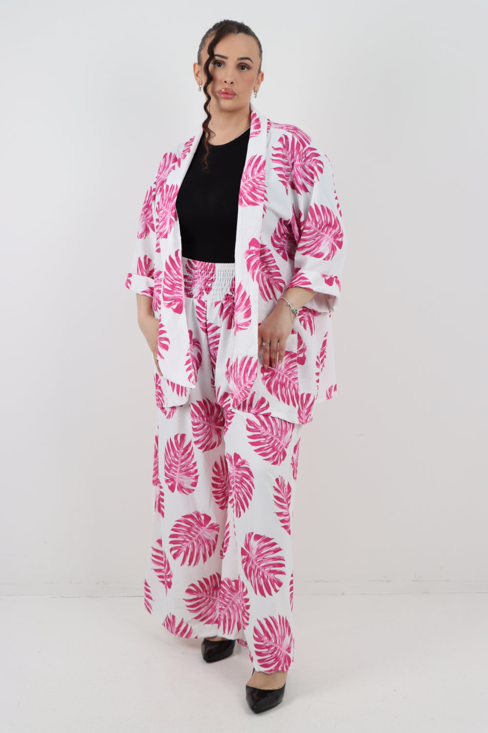 Italian Monstera Leaf  Print Cardigan Top and Trouser Co-Ord Set