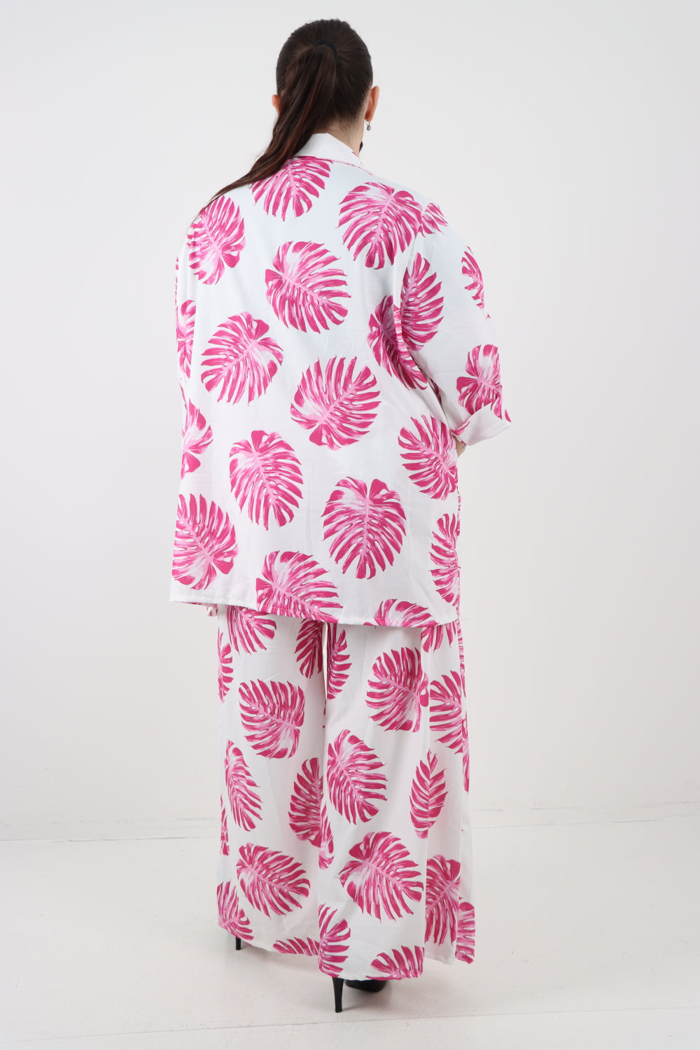 Italian Monstera Leaf  Print Cardigan Top and Trouser Co-Ord Set