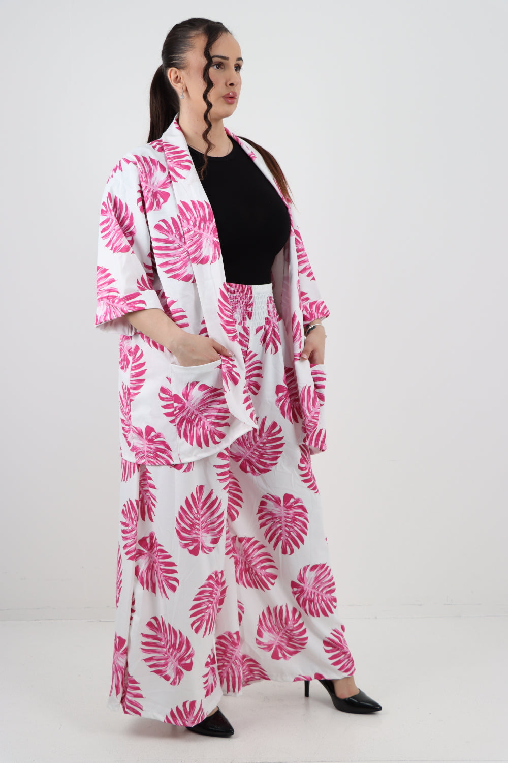 Italian Monstera Leaf  Print Cardigan Top and Trouser Co-Ord Set