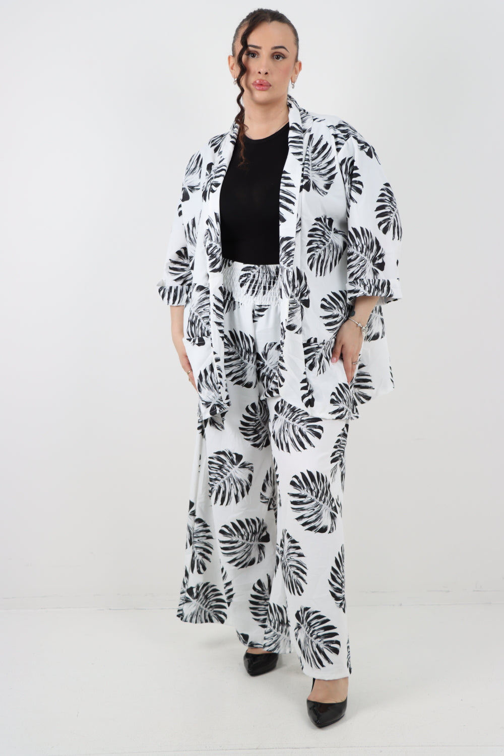 Italian Monstera Leaf  Print Cardigan Top and Trouser Co-Ord Set