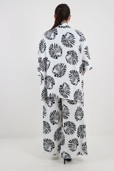 Italian Monstera Leaf  Print Cardigan Top and Trouser Co-Ord Set