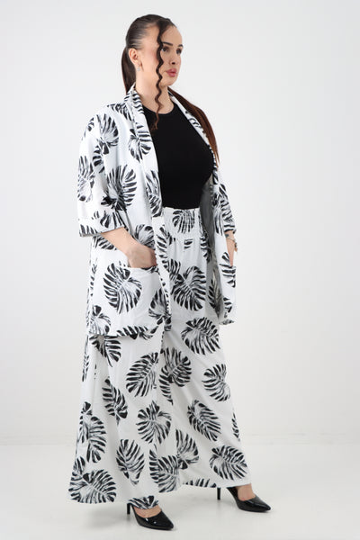 Italian Monstera Leaf  Print Cardigan Top and Trouser Co-Ord Set