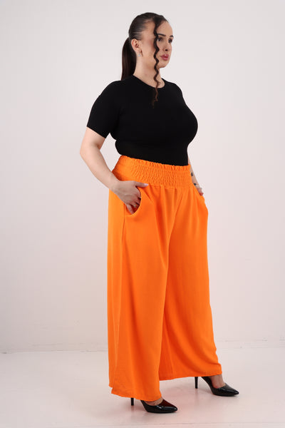 Italian Shirred Waist Side Pockets Wide Leg Trouser