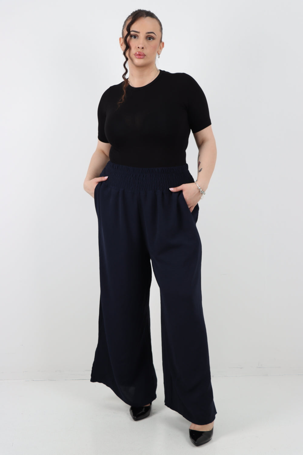 Italian Shirred Waist Side Pockets Wide Leg Trouser