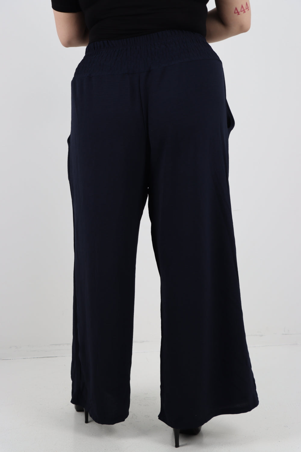 Italian Shirred Waist Side Pockets Wide Leg Trouser