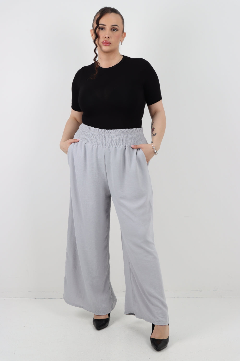 Italian Shirred Waist Side Pockets Wide Leg Trouser