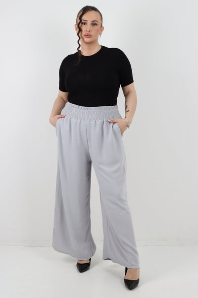 Italian Shirred Waist Side Pockets Wide Leg Trouser