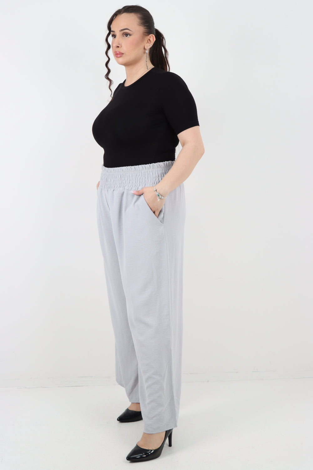 Italian Shirred Waist Side Pockets Wide Leg Trouser