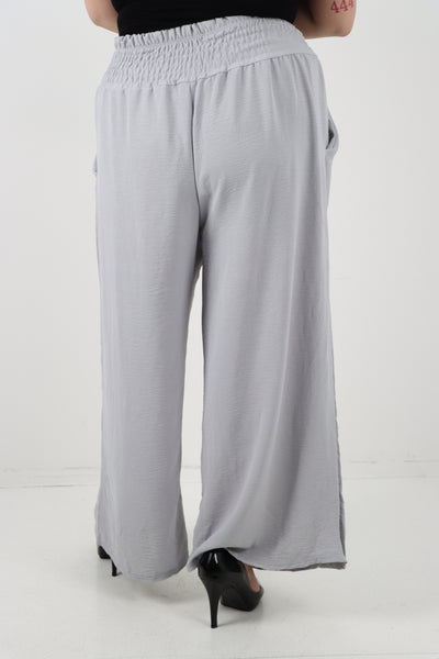 Italian Shirred Waist Side Pockets Wide Leg Trouser