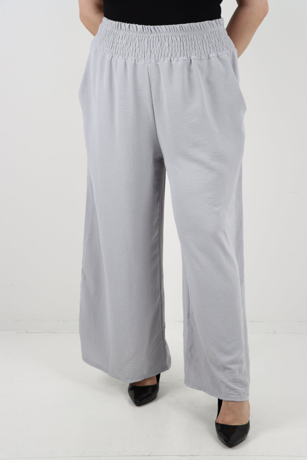 Italian Shirred Waist Side Pockets Wide Leg Trouser