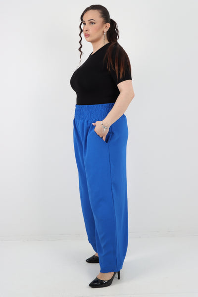 Italian Shirred Waist Side Pockets Wide Leg Trouser