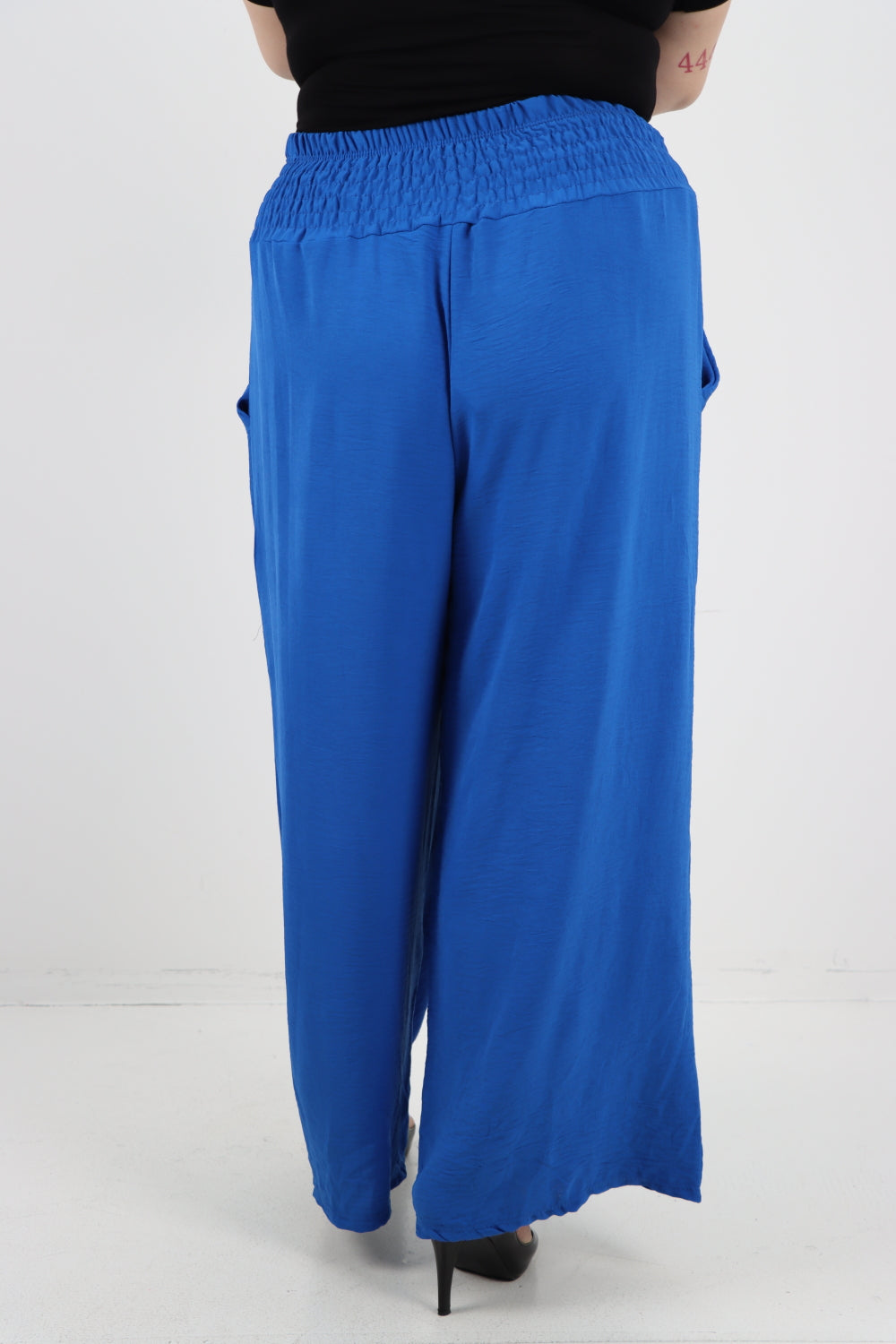 Italian Shirred Waist Side Pockets Wide Leg Trouser