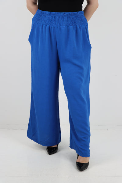 Italian Shirred Waist Side Pockets Wide Leg Trouser