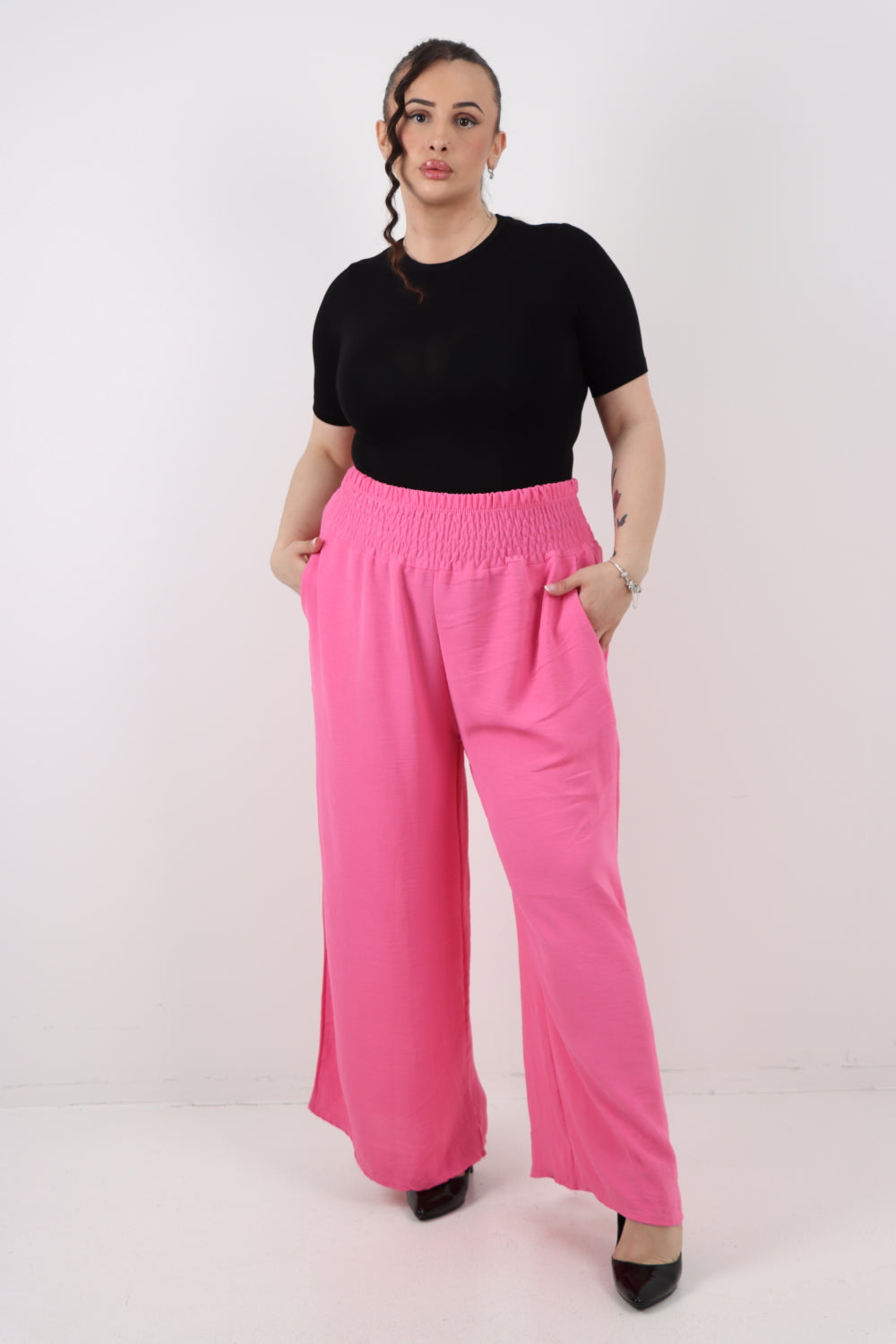 Italian Shirred Waist Side Pockets Wide Leg Trouser