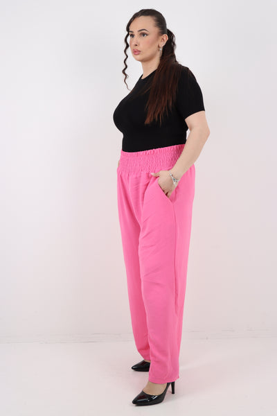 Italian Shirred Waist Side Pockets Wide Leg Trouser