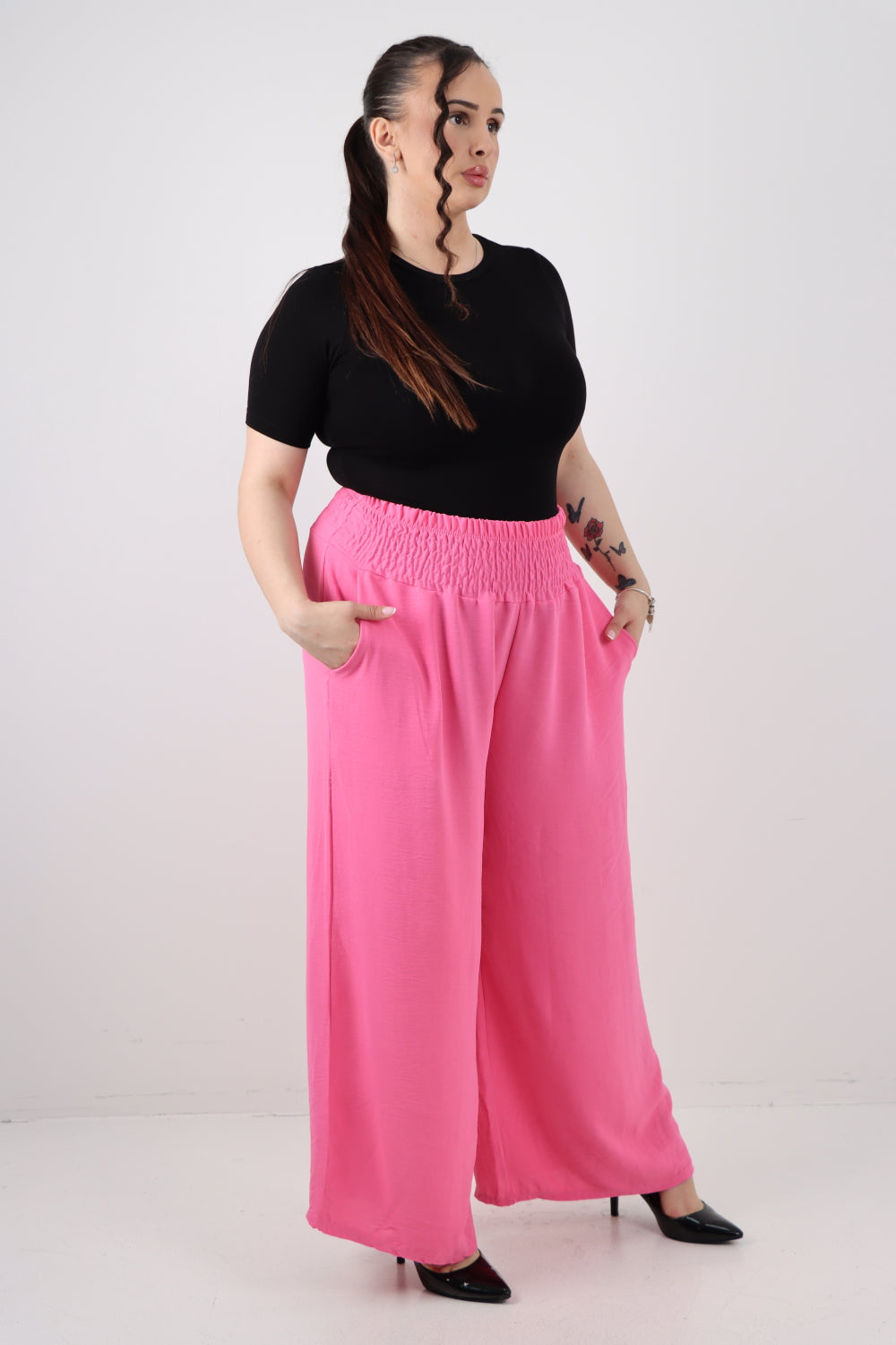 Italian Shirred Waist Side Pockets Wide Leg Trouser