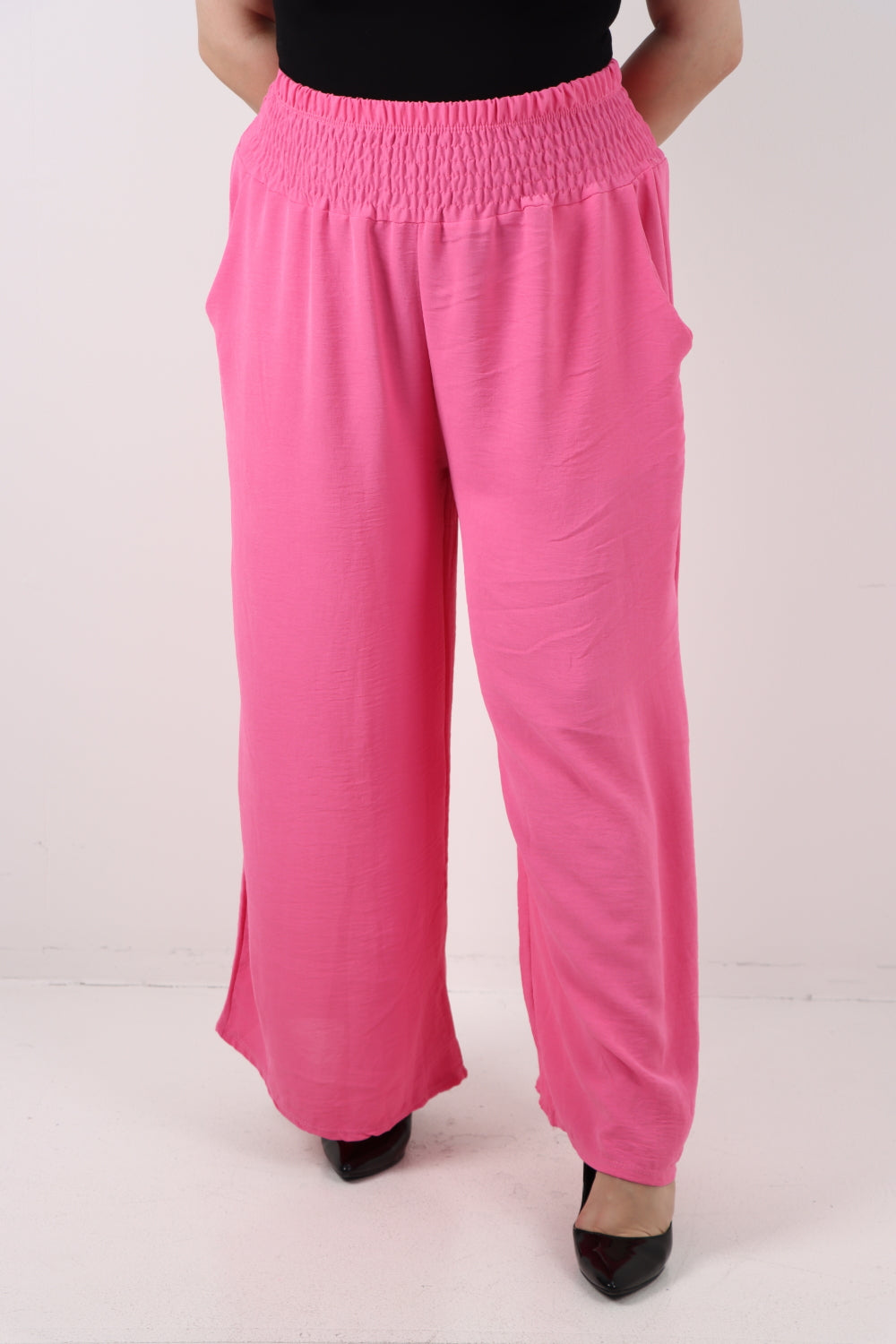 Italian Shirred Waist Side Pockets Wide Leg Trouser