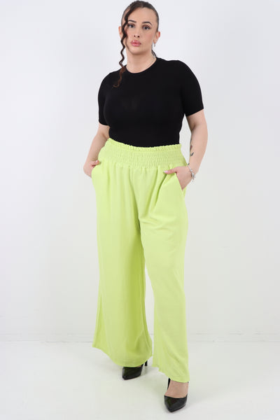 Italian Shirred Waist Side Pockets Wide Leg Trouser