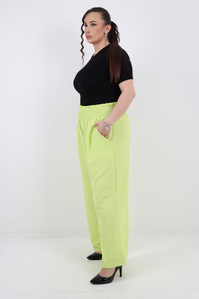 Italian Shirred Waist Side Pockets Wide Leg Trouser