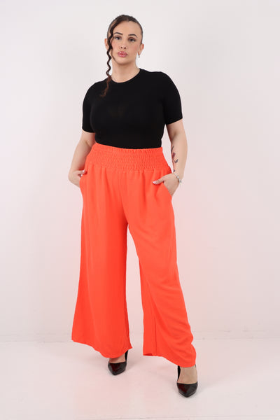 Italian Shirred Waist Side Pockets Wide Leg Trouser