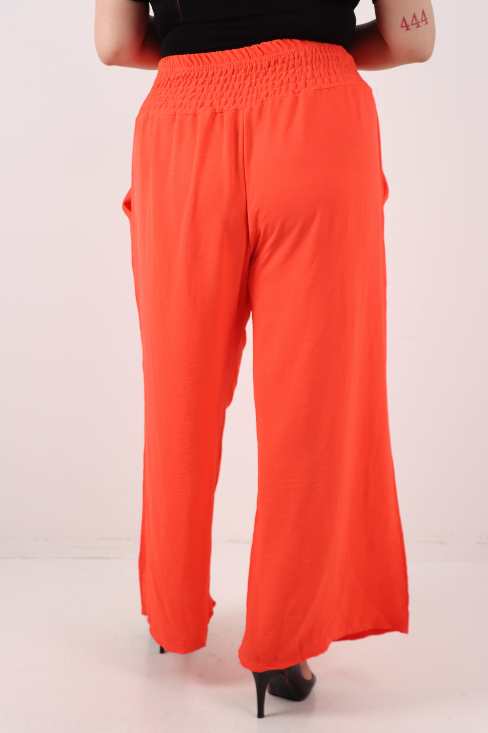 Italian Shirred Waist Side Pockets Wide Leg Trouser