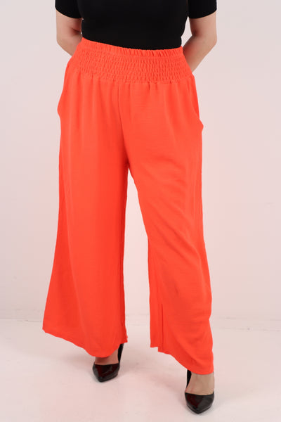 Italian Shirred Waist Side Pockets Wide Leg Trouser