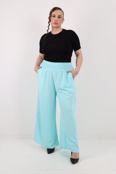 Italian Shirred Waist Side Pockets Wide Leg Trouser