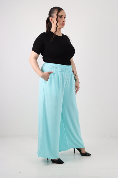 Italian Shirred Waist Side Pockets Wide Leg Trouser