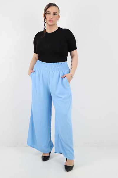 Italian Shirred Waist Side Pockets Wide Leg Trouser