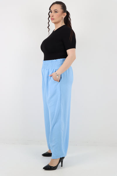 Italian Shirred Waist Side Pockets Wide Leg Trouser