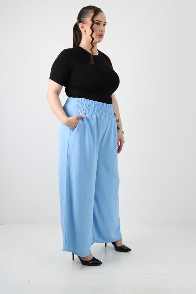 Italian Shirred Waist Side Pockets Wide Leg Trouser