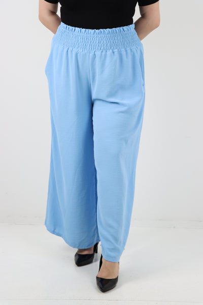 Italian Shirred Waist Side Pockets Wide Leg Trouser