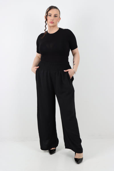 Italian Shirred Waist Side Pockets Wide Leg Trouser