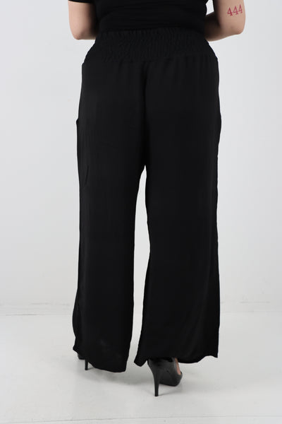 Italian Shirred Waist Side Pockets Wide Leg Trouser