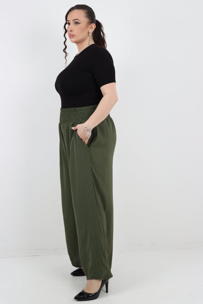 Italian Shirred Waist Side Pockets Wide Leg Trouser