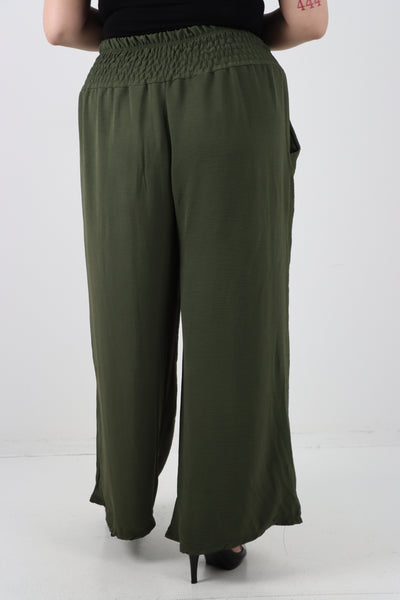 Italian Shirred Waist Side Pockets Wide Leg Trouser