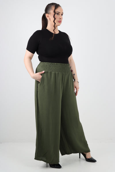 Italian Shirred Waist Side Pockets Wide Leg Trouser