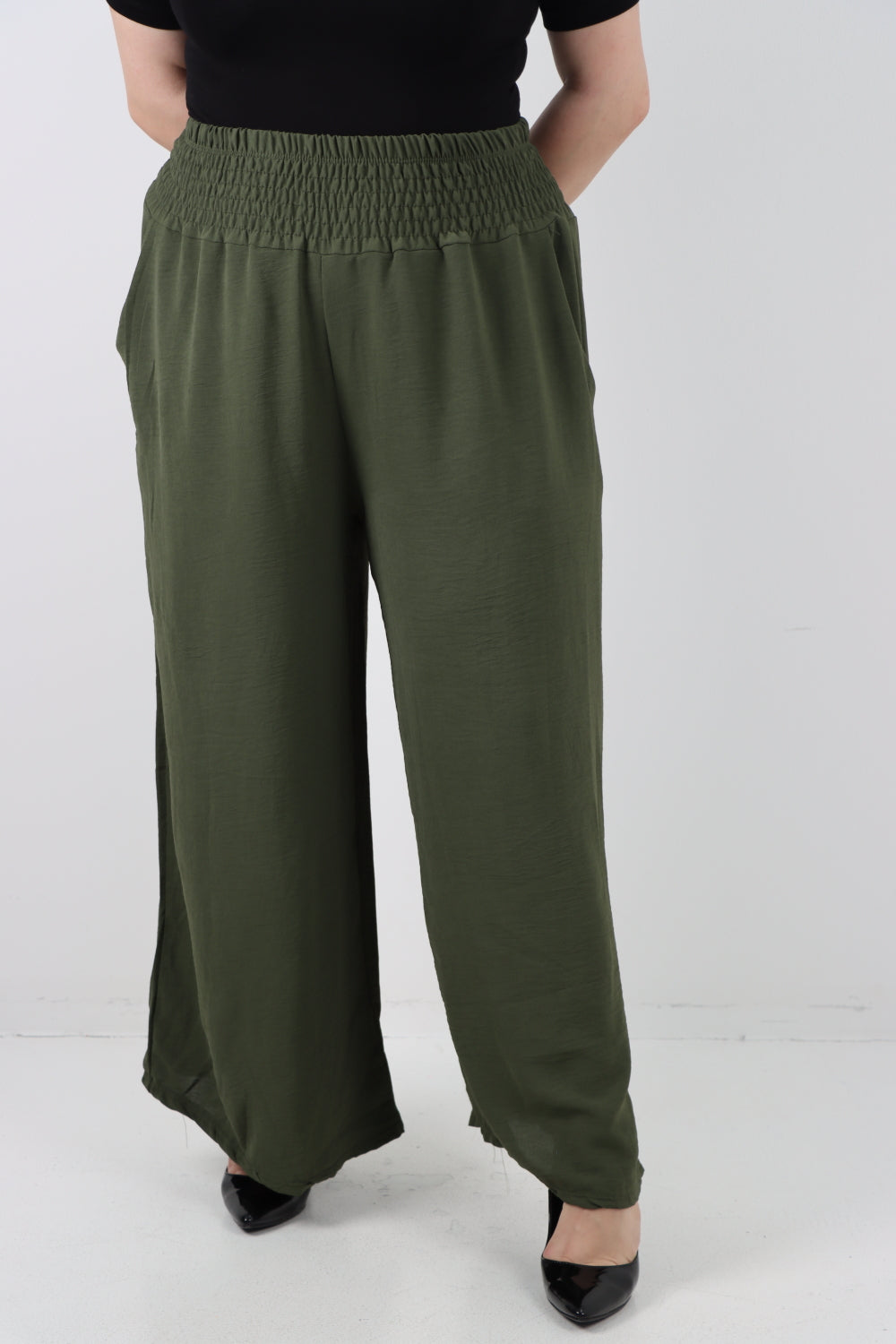 Italian Shirred Waist Side Pockets Wide Leg Trouser