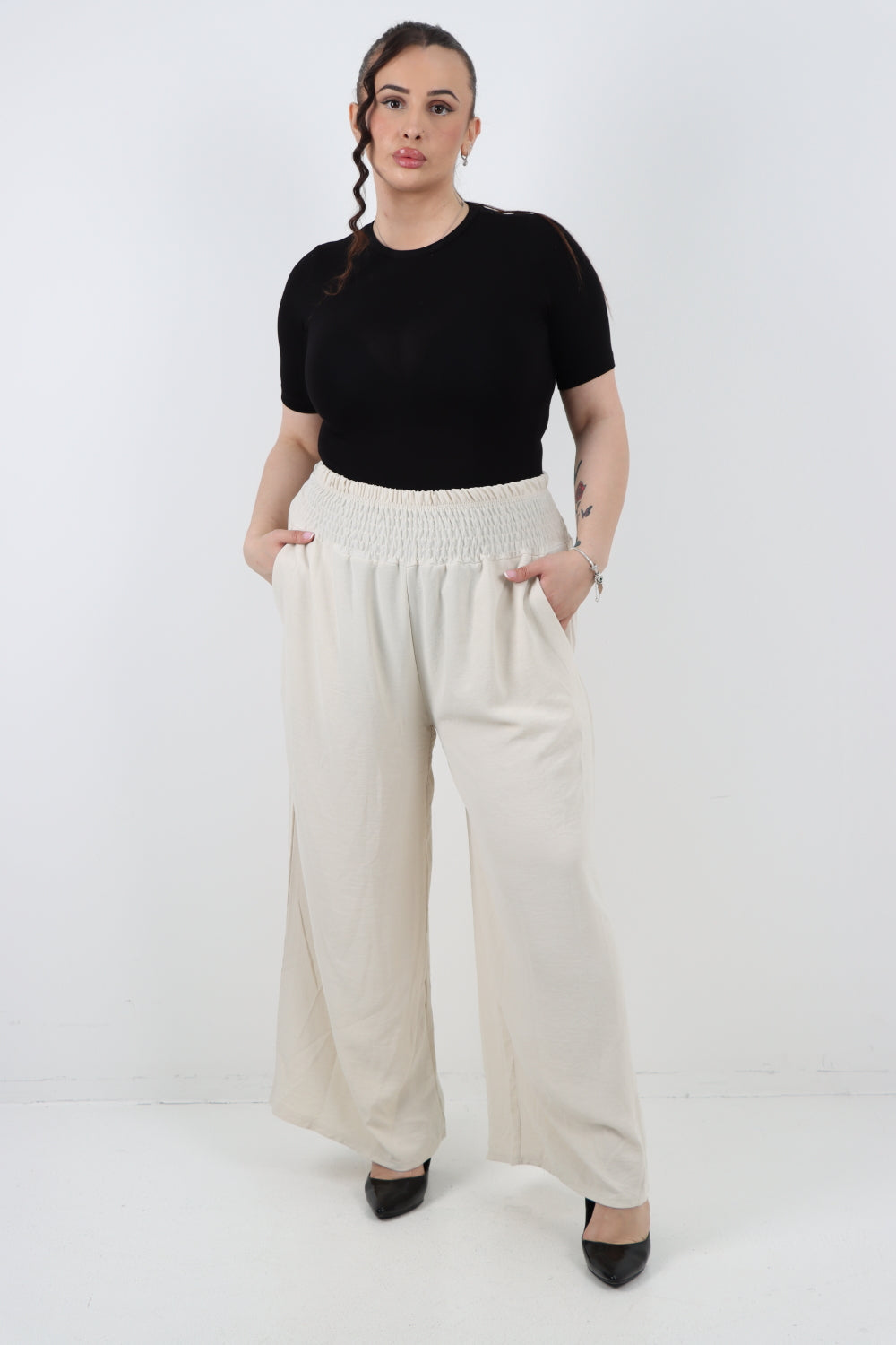 Italian Shirred Waist Side Pockets Wide Leg Trouser