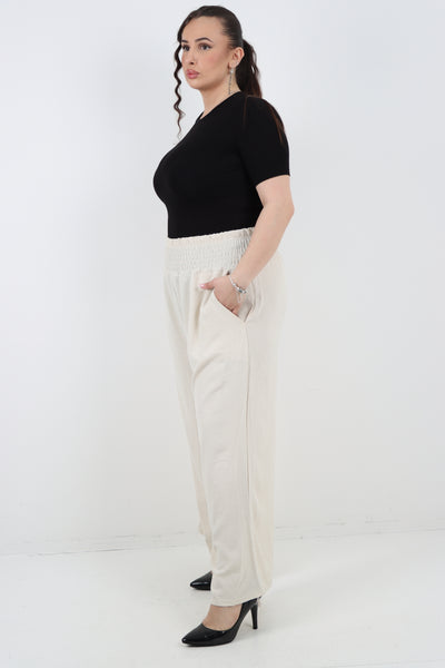 Italian Shirred Waist Side Pockets Wide Leg Trouser