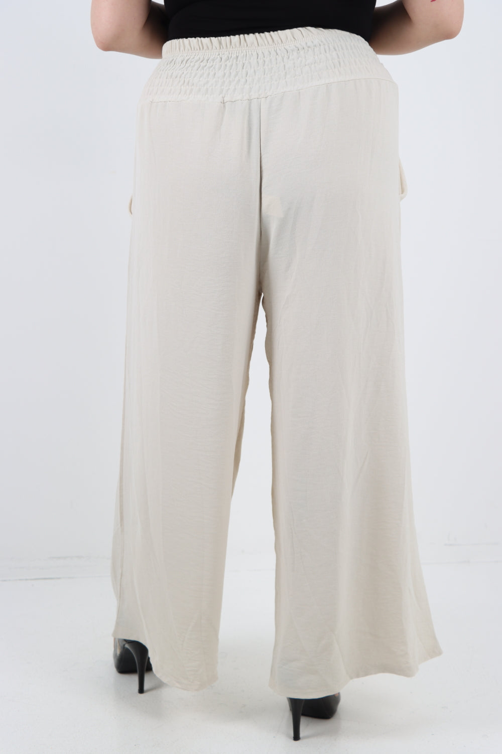 Italian Shirred Waist Side Pockets Wide Leg Trouser