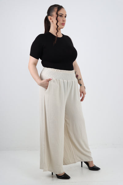 Italian Shirred Waist Side Pockets Wide Leg Trouser