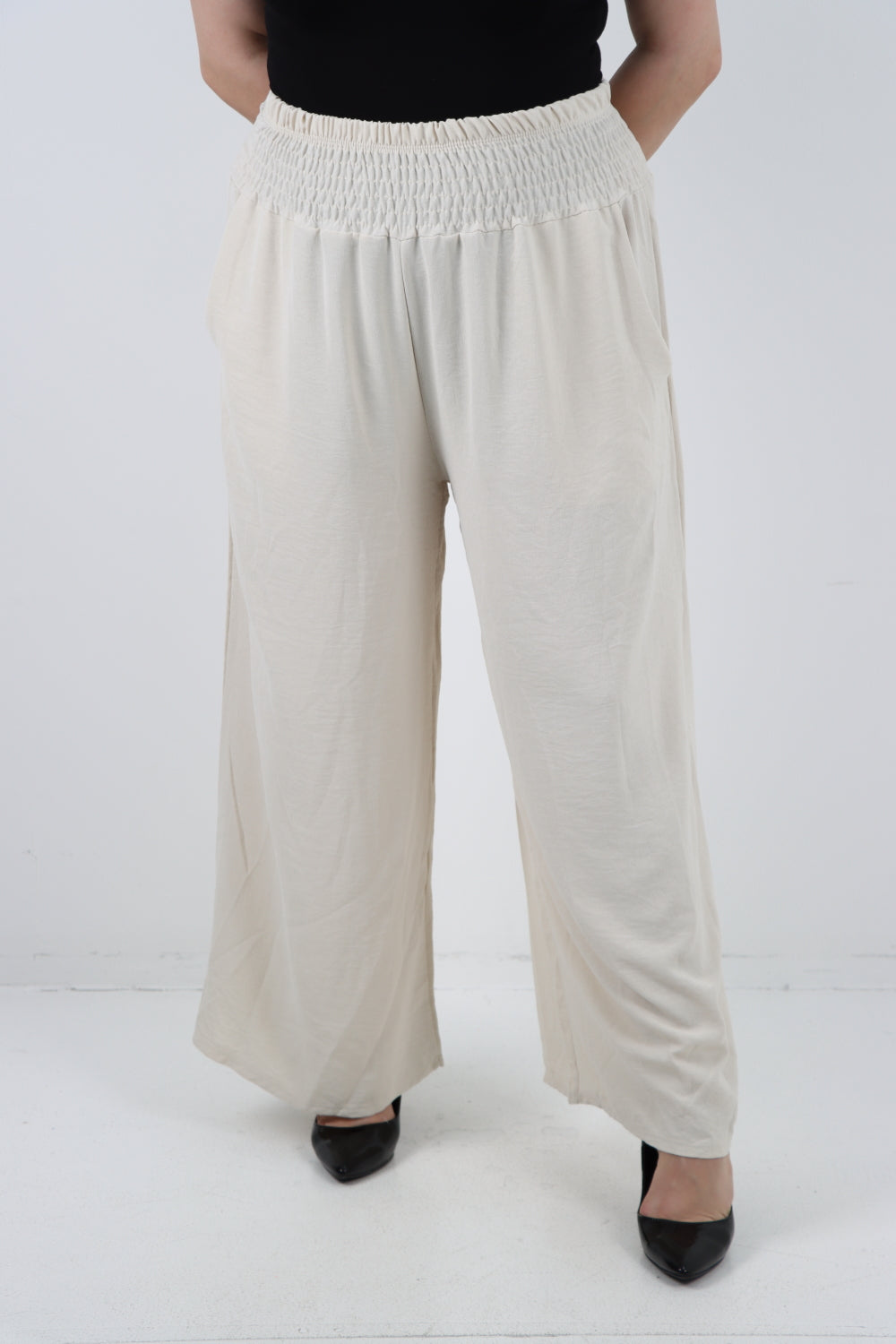 Italian Shirred Waist Side Pockets Wide Leg Trouser