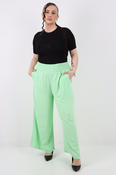 Italian Shirred Waist Side Pockets Wide Leg Trouser