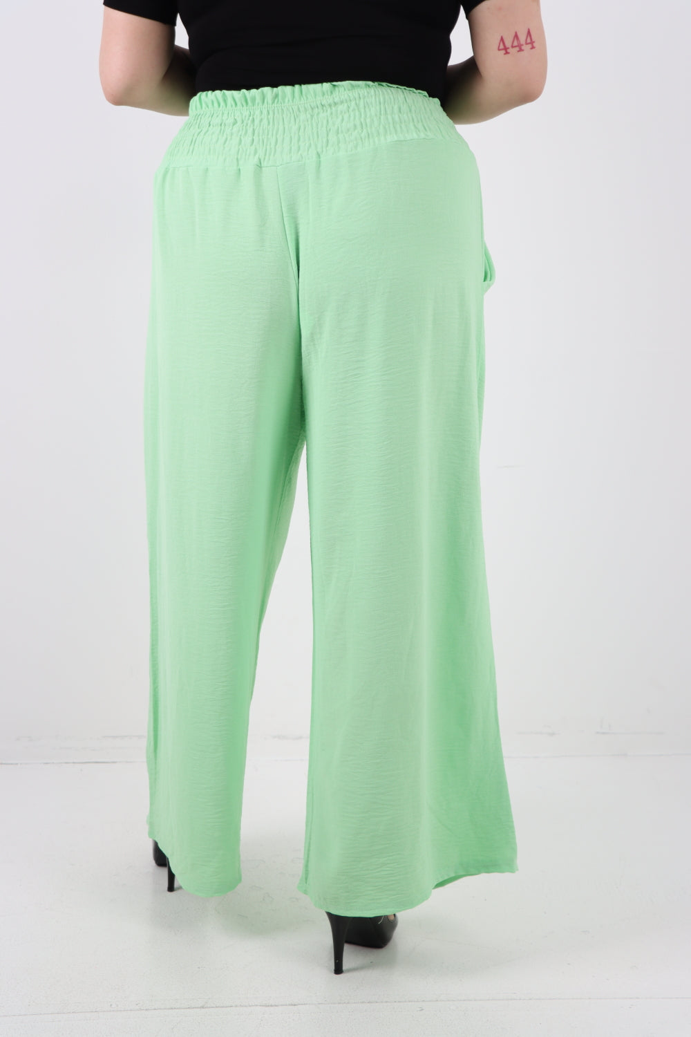 Italian Shirred Waist Side Pockets Wide Leg Trouser