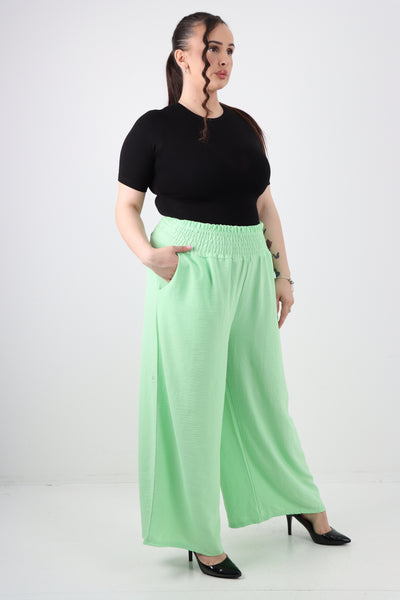 Italian Shirred Waist Side Pockets Wide Leg Trouser