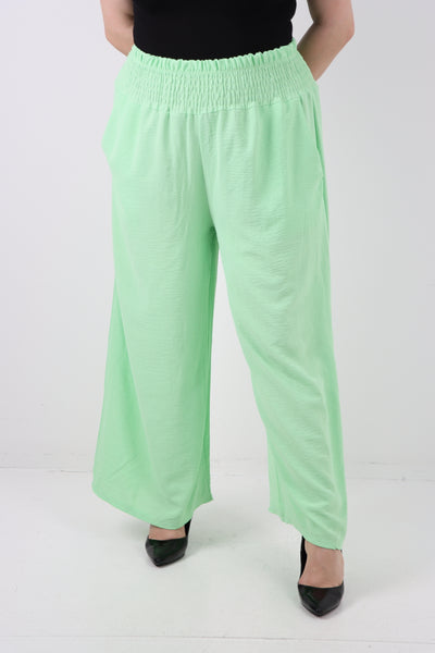 Italian Shirred Waist Side Pockets Wide Leg Trouser