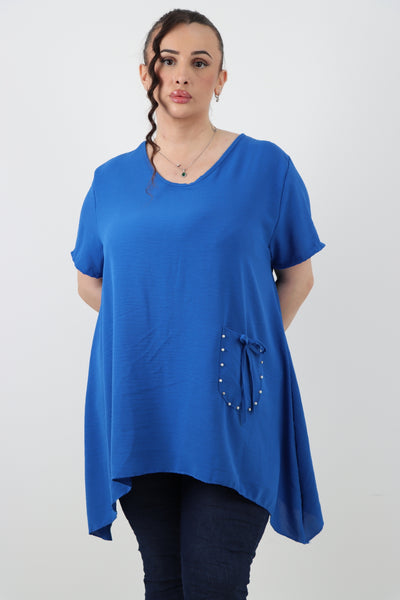 Italian Stud Pocket Tie Detail Hanky Hem Tunic Top