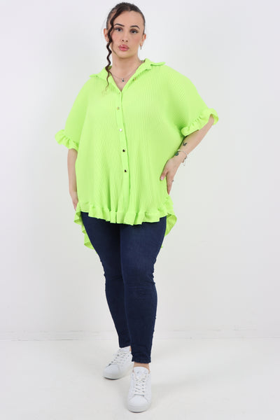 Italian Pleated Dip Hem Button Down Shirt Top